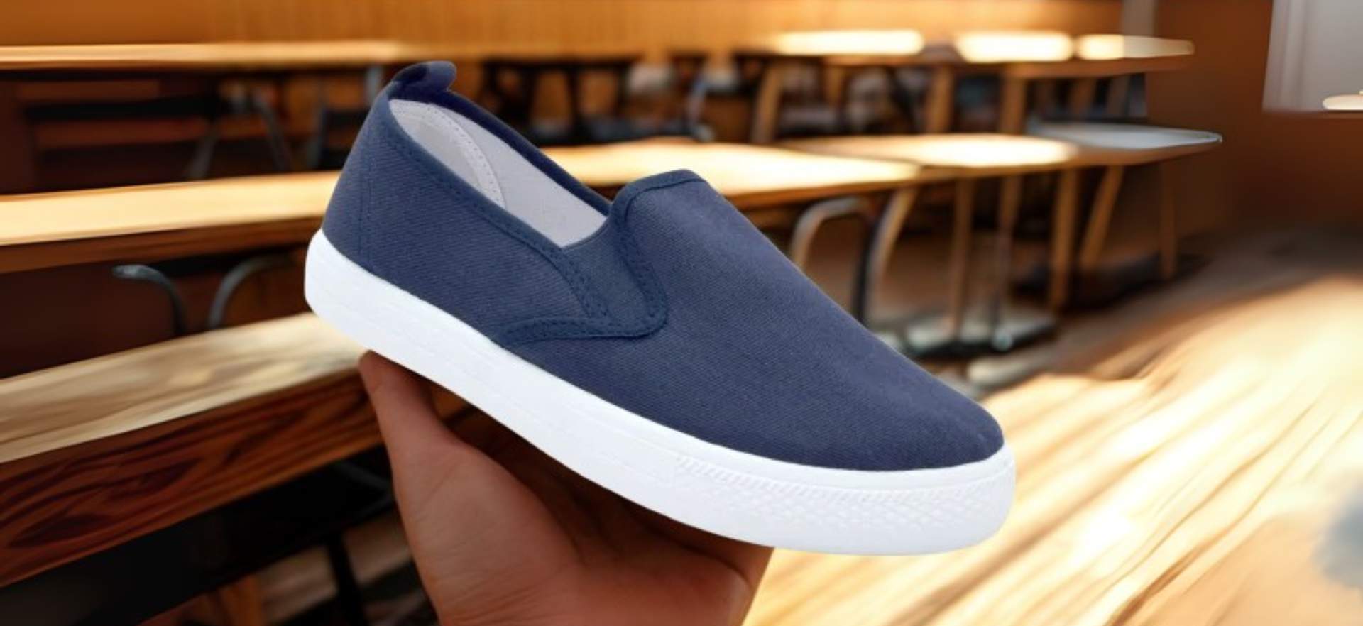 ruka koja drzi papuce u ucionici