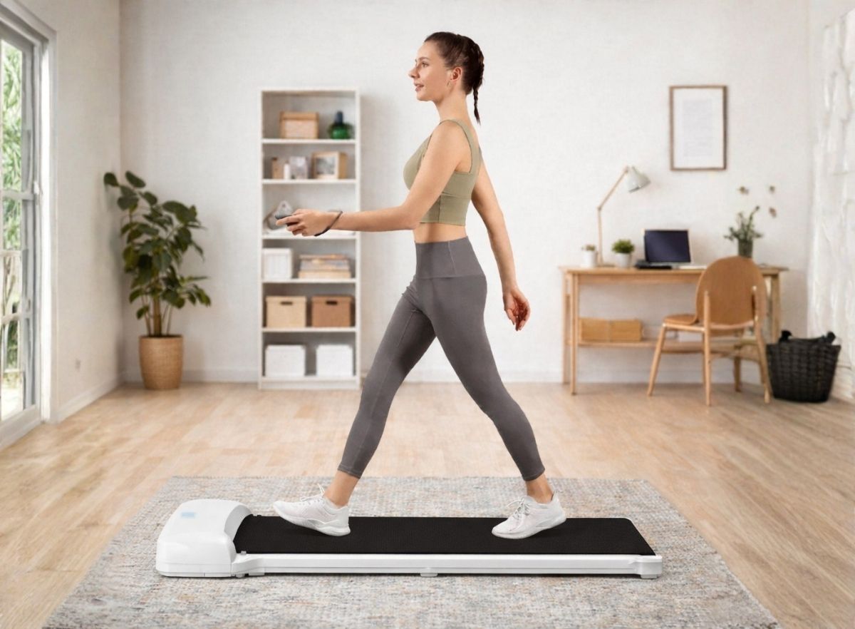 Žena hoda na traci u dnevnoj sobi