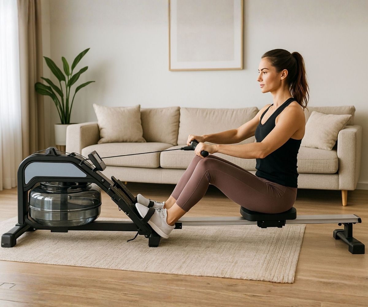 Žena vježba na veslačkoj spravi za domaću fitness vježbu u dnevnom boravku