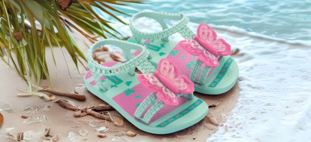 Dječje sandale Ipanema Summer Baby u mint i rozoj kombinaciji s mekanim leptirićima na čičak remenu, savršene za plažu i šetnje